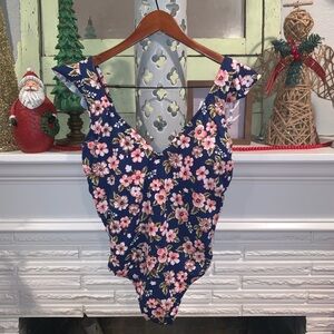 Beach Betty  Blue Pink Floral Print Plunge Ruffle Strap One Piece Swimsuit L NEW
